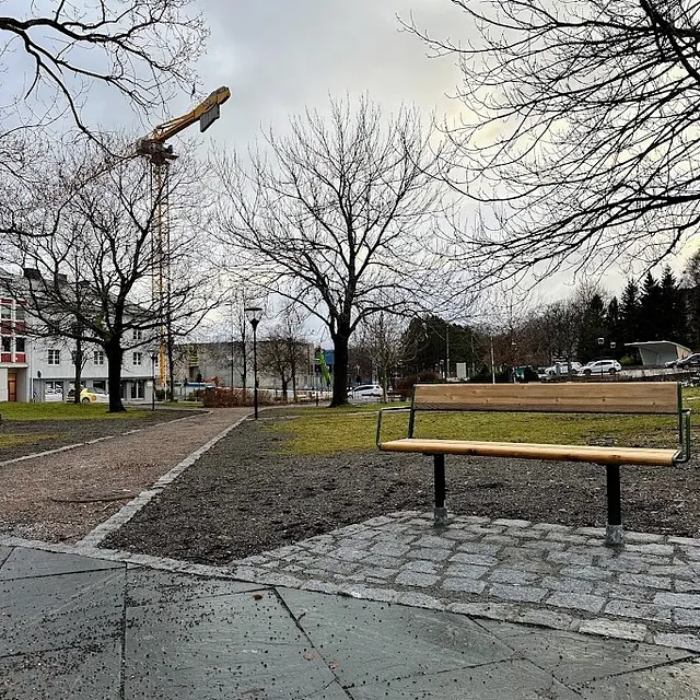 Parkområde med grusgang, benk og nakne trær, og byggekran i bakgrunnen en gråværsdag.
