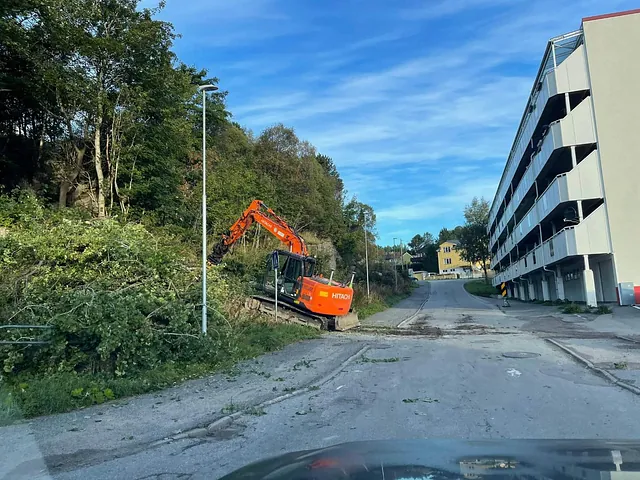 Vegetasjonsrydding i gang foran anleggsstart ved boligområde. Gravemaskin fjerner trær langs veien for å åpne området for videre arbeid.