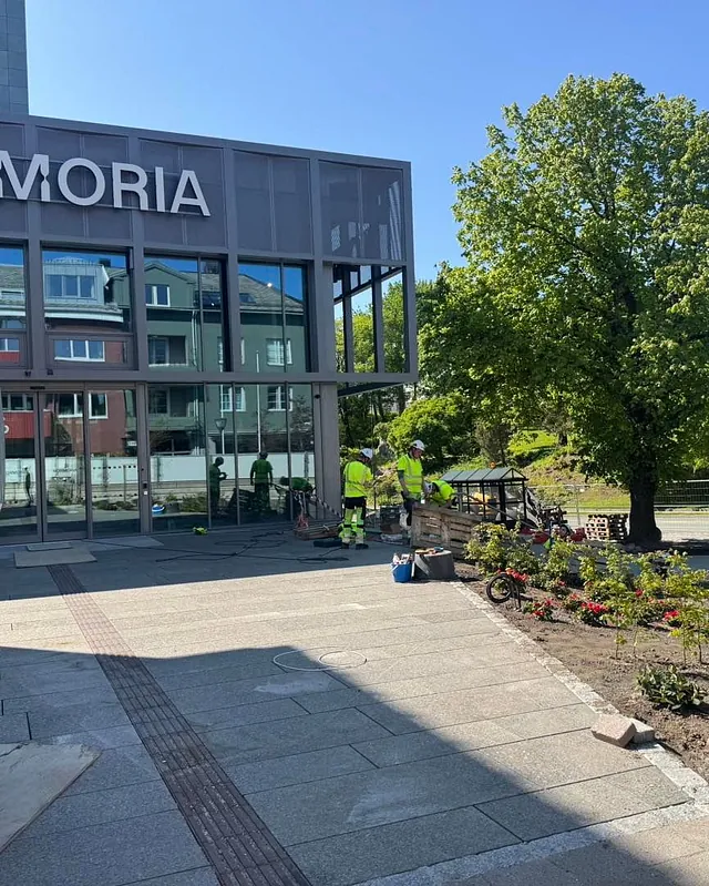 Uteområde med belegningsstein og beplantning under arbeid foran moderne bygg.