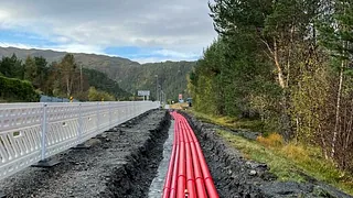 Røde kabler er lagt ned i grødt langs vei i skogsområde